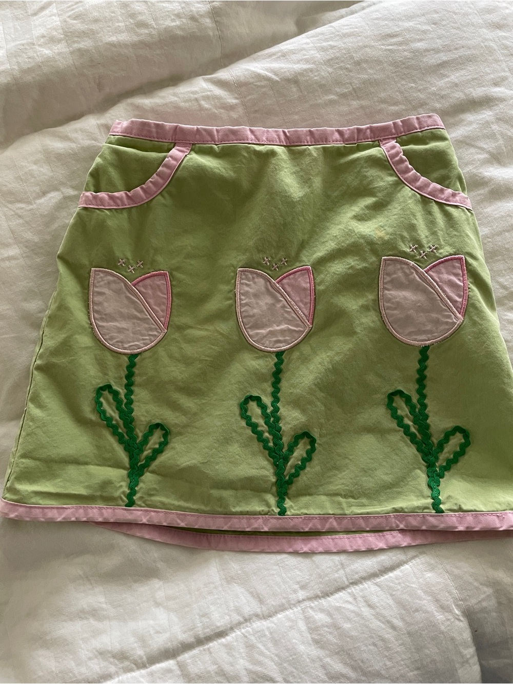 Lands' End Green Mini Skirt with Pink Trim and Tulip Appliqués